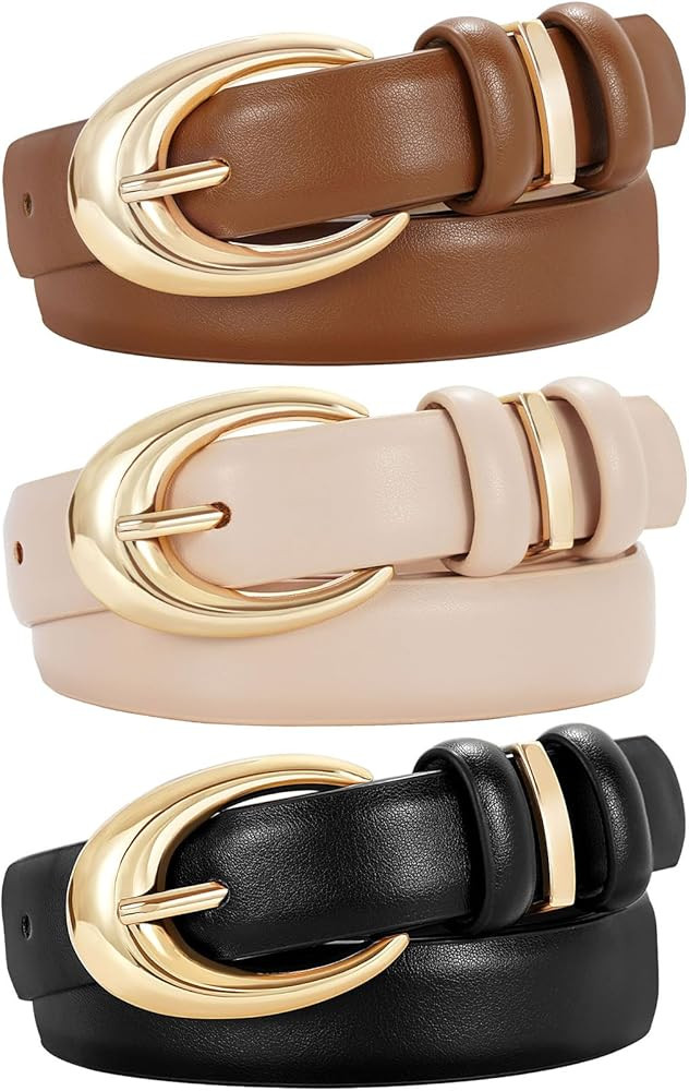 TRIWORKS 3 Pack Women Leather Belt for Jeans Pants Fashion Ladies Faux Leather Belt with Gold Buc... | Amazon (US)