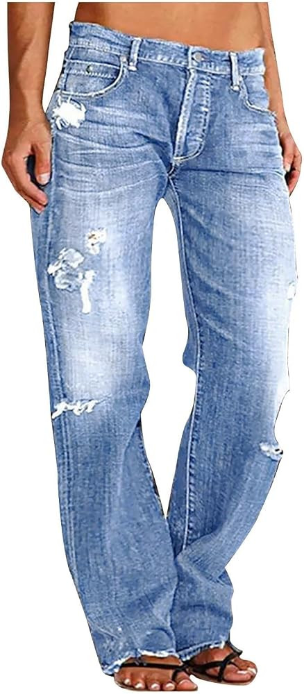 Womens Ripped Jeans Raw Hem Mid Waisted Straight Leg Distressed Jeans Baggy Stretchy Boyfriend Ho... | Amazon (US)