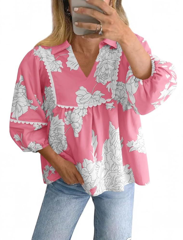 Tankaneo Womens Floral Peplum Babydoll Tops 3/4 Puff Sleeve Pleated Blouse Cute Casual V Neck Loo... | Amazon (US)