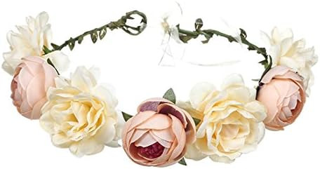 June Bloomy Women Rose Floral Crown Hair Wreath Leave Flower Headband with Adjustable Ribbon (Cha... | Amazon (US)