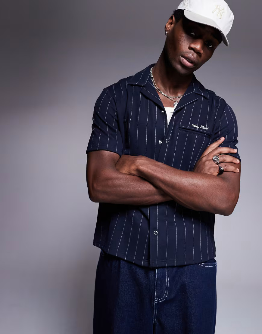 River Island short sleeve pinstripe shirt in navy | ASOS (Global)