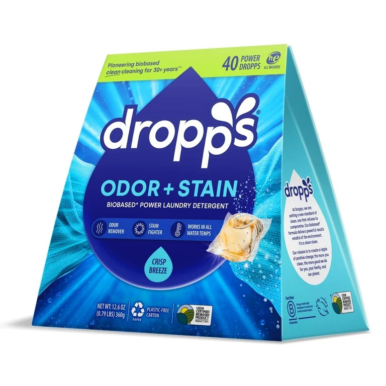Dropps Laundry Odor + Stain Detergent Pods, Biobased, HE Compatible, Crisp Breeze Scent, 40 Count | Walmart (US)