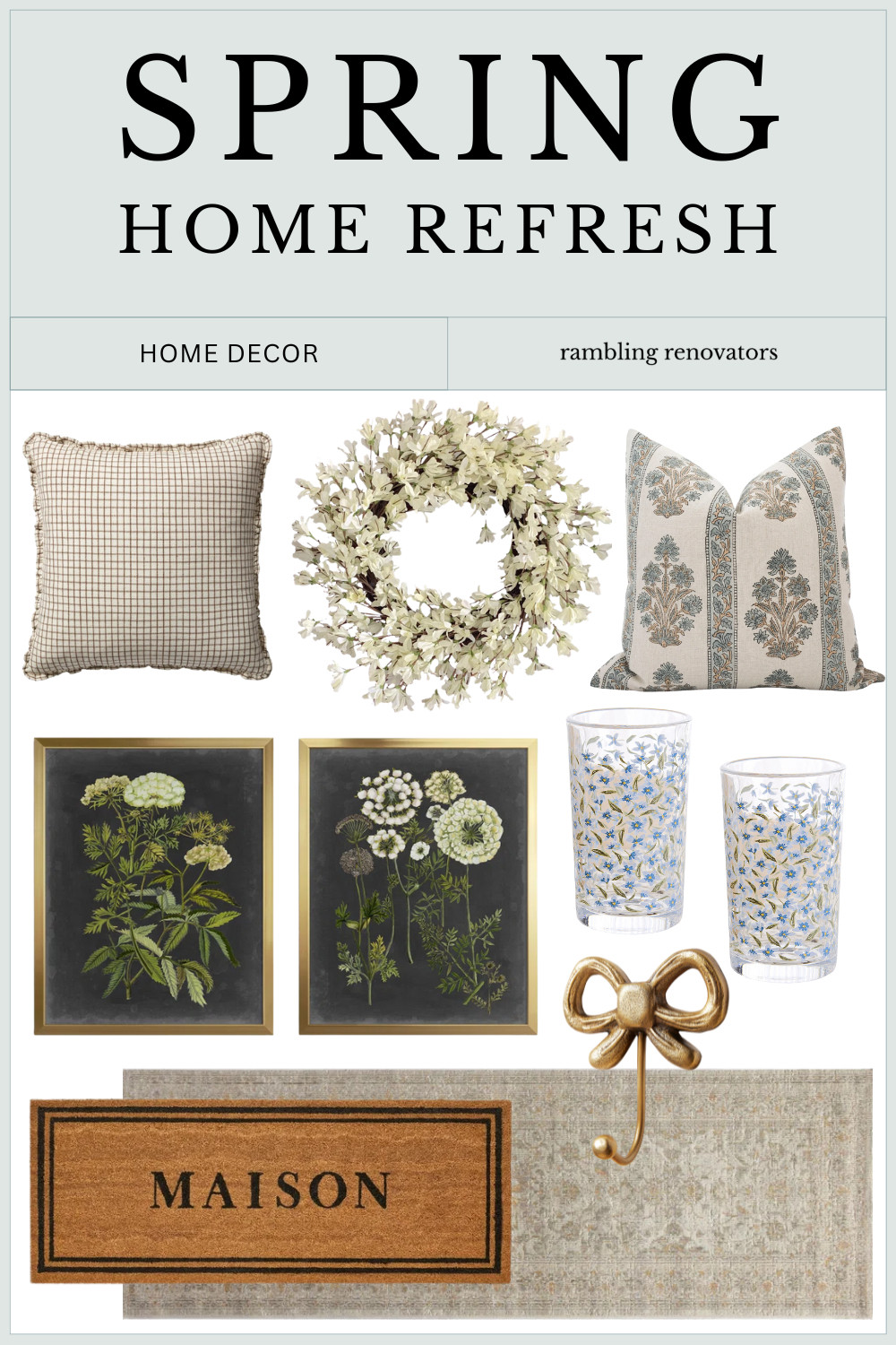 Spring refresh home decor // ruffle pillow, front door wreath, block print pillow, floral art, cute glassware, bow hook, Chris Loves Julia runner, welcome mat  

 

#LTKcanada #LTKspring #LTKcasa