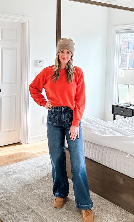 Outfit for picking out our Christmas tree and decorating with the family 🎄Still trying to figure out denim that’s not skinny? Try these wide leg high rise trousers on sale for only $26!! Also best softest sweater on super good sale!! 

#LTKCyberWeek #LTKGiftGuide #LTKsalealert