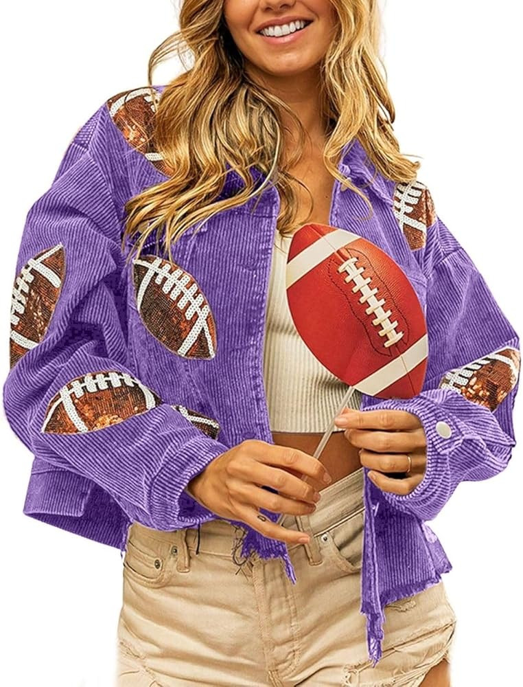happlan Football Sequin Embroidery Rugby Cropped Frayed Hem Vintage Washed Corduroy Jacket Coat S... | Amazon (US)