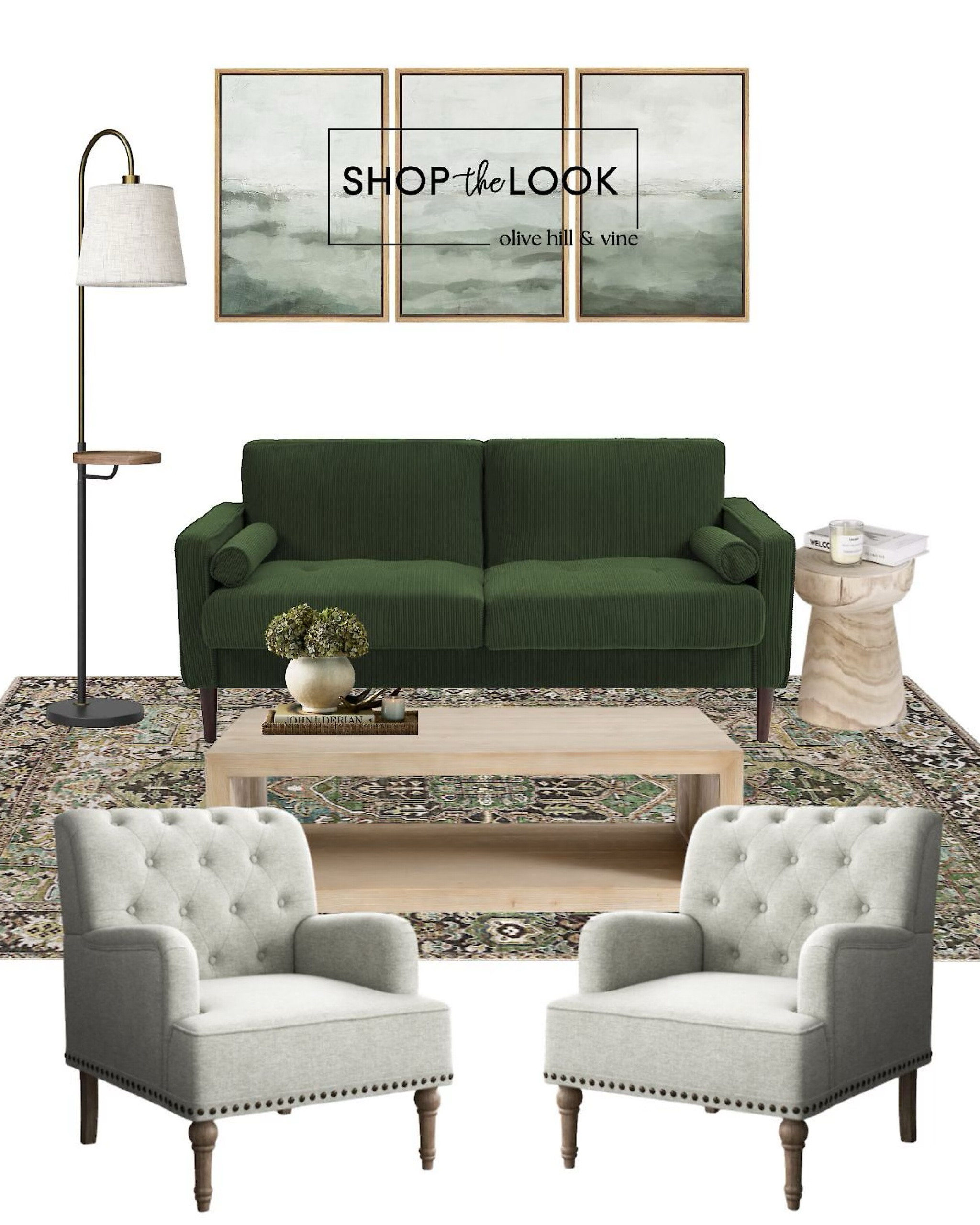 Breathe life into your living space with rich green hues. A hunter green corduroy sofa anchors the room, paired with a green and brown oriental rug. Add sage-toned abstract art, gray tufted armchairs, a natural wood side table, and a chic floor lamp for a fresh, stylish vibe. 

#LTKHome #LTKFamily #LTKStyleTip