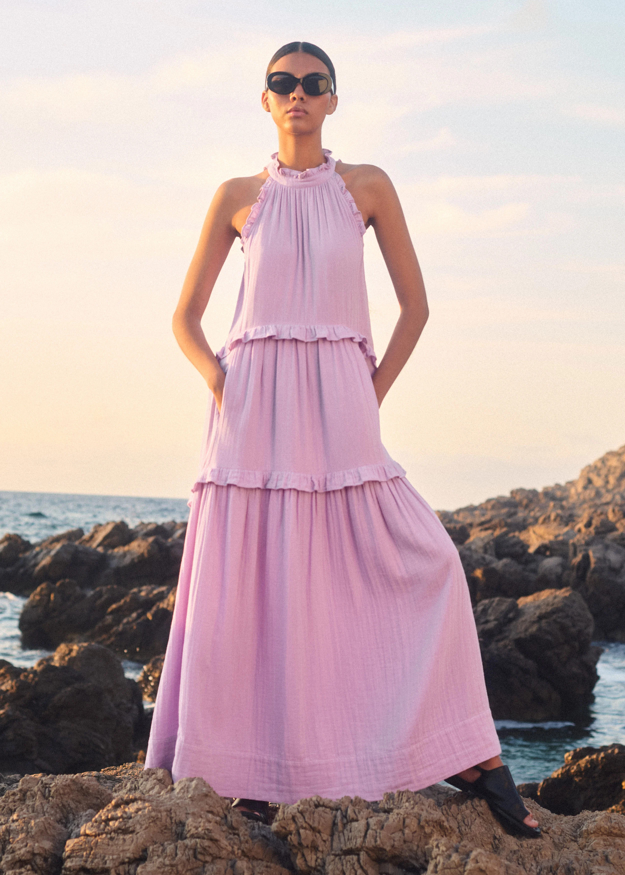 Women's Purple Cheesecloth Frill Full-Length Dress | ME+EM | ME+EM Global (Excluding US)