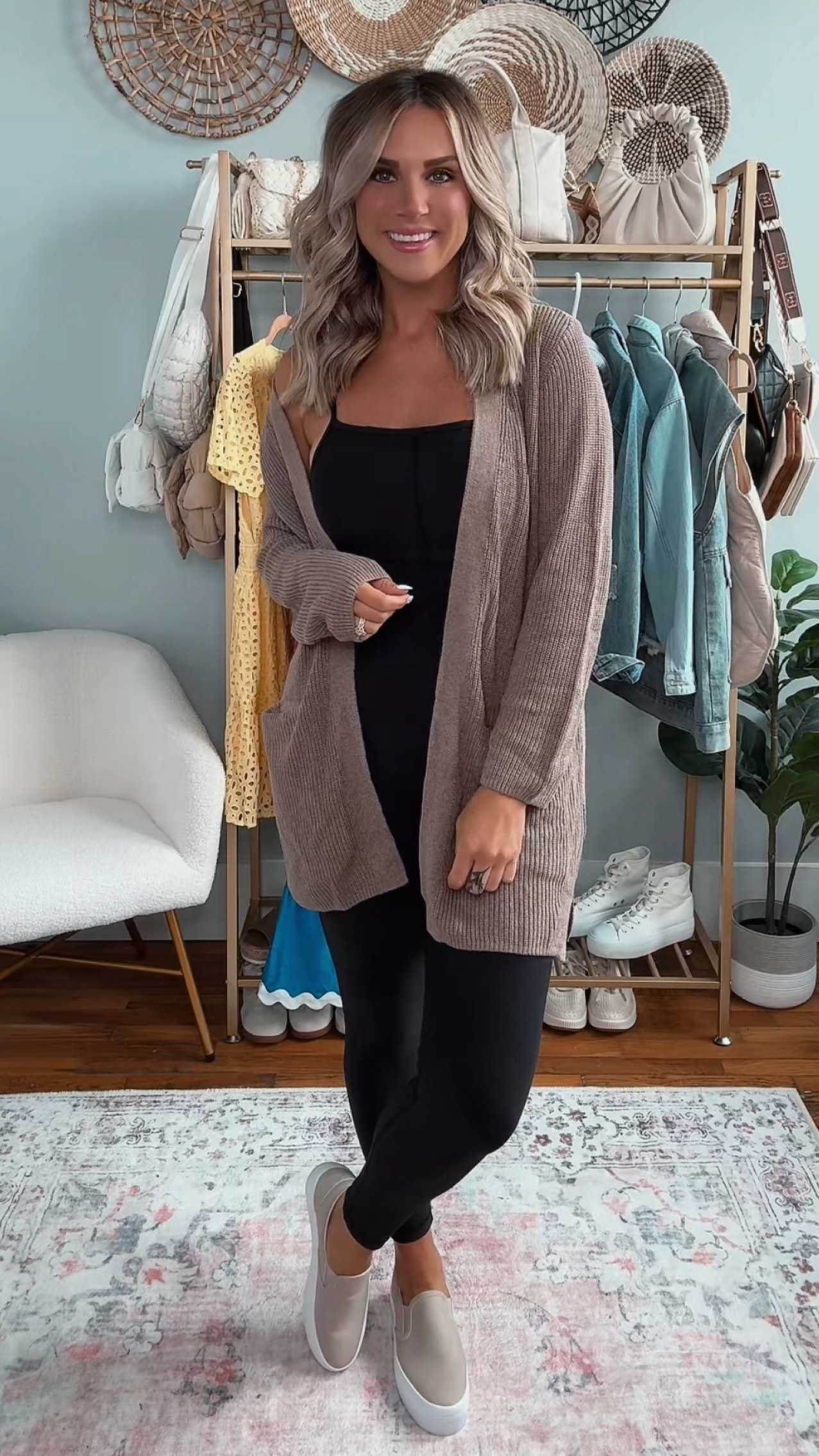 This Old Navy black cami onesie jumpsuit is a must for every closet! It’s athleisure so it’s super comfy but also stylish. I styled it with a tan shaker knit cardigan and slip on sneakers. Perfect for drop off/pick up, running errands groceries, or brunch.

#LTKFindsUnder50 #LTKSeasonal #LTKActive