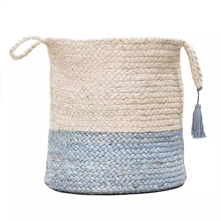 Spa Blue and White Jute Basket with Tassel, 17 in. | Kirkland's Home