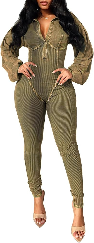 Voghtic Women's Sexy v Neck Bodycon Jumpsuit Distressed Long Sleeve Full Length Leggings Stretch ... | Amazon (US)