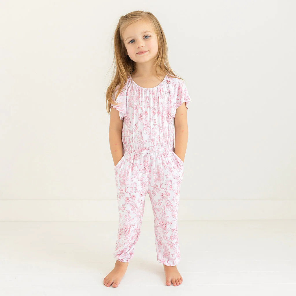 Floral White Flutter Sleeve Toddler Jumpsuit | Antoinette | Posh Peanut