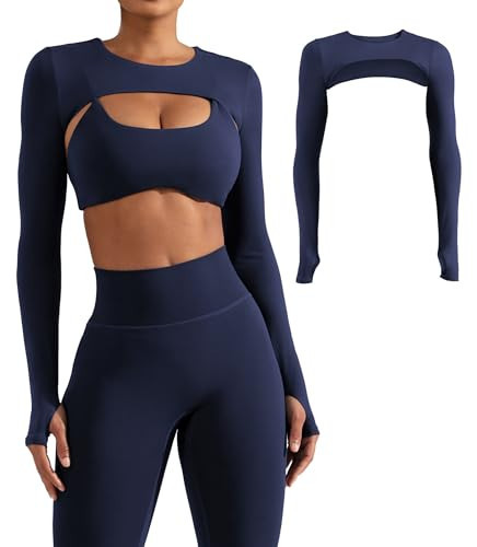 YEOREO Women Crop Top Long Sleeve Bolero Open Front Workout Cropped Shirts Sports Shrug Without Bra Navy S | Amazon (US)