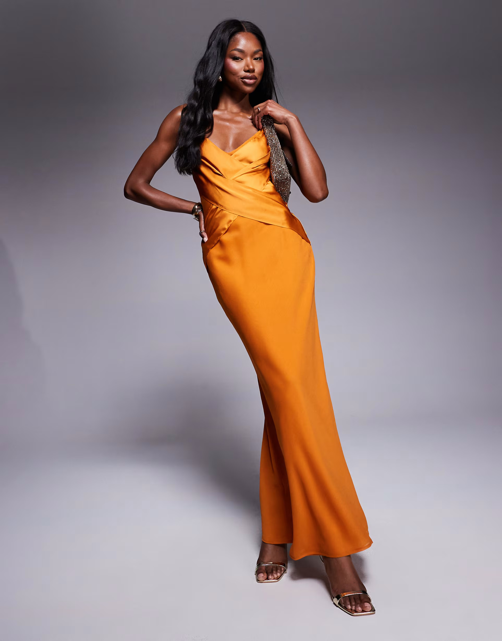 ASOS DESIGN cami satin bust overlay chiffon maxi dress in rust | ASOS (Global)