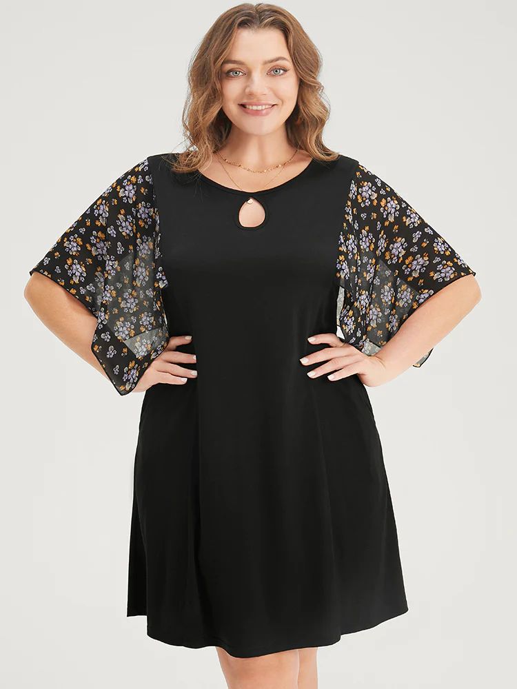 Ditsy Floral Patchwork Asymmetrical Sleeve Pocket Cut Out Dress | Bloomchic