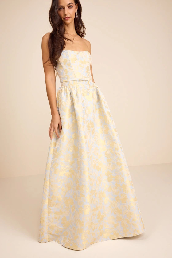 Bradshaw Light Blue and Yellow Floral Jacquard Maxi Dress | prom dresses 2026 | prom dress 2026 | Lulus