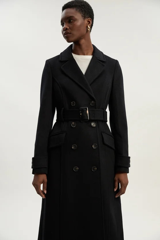 Tailored Wool Blend Double Breasted Buckle Belted Midi Coat | Karen Millen UK + IE + DE + NL