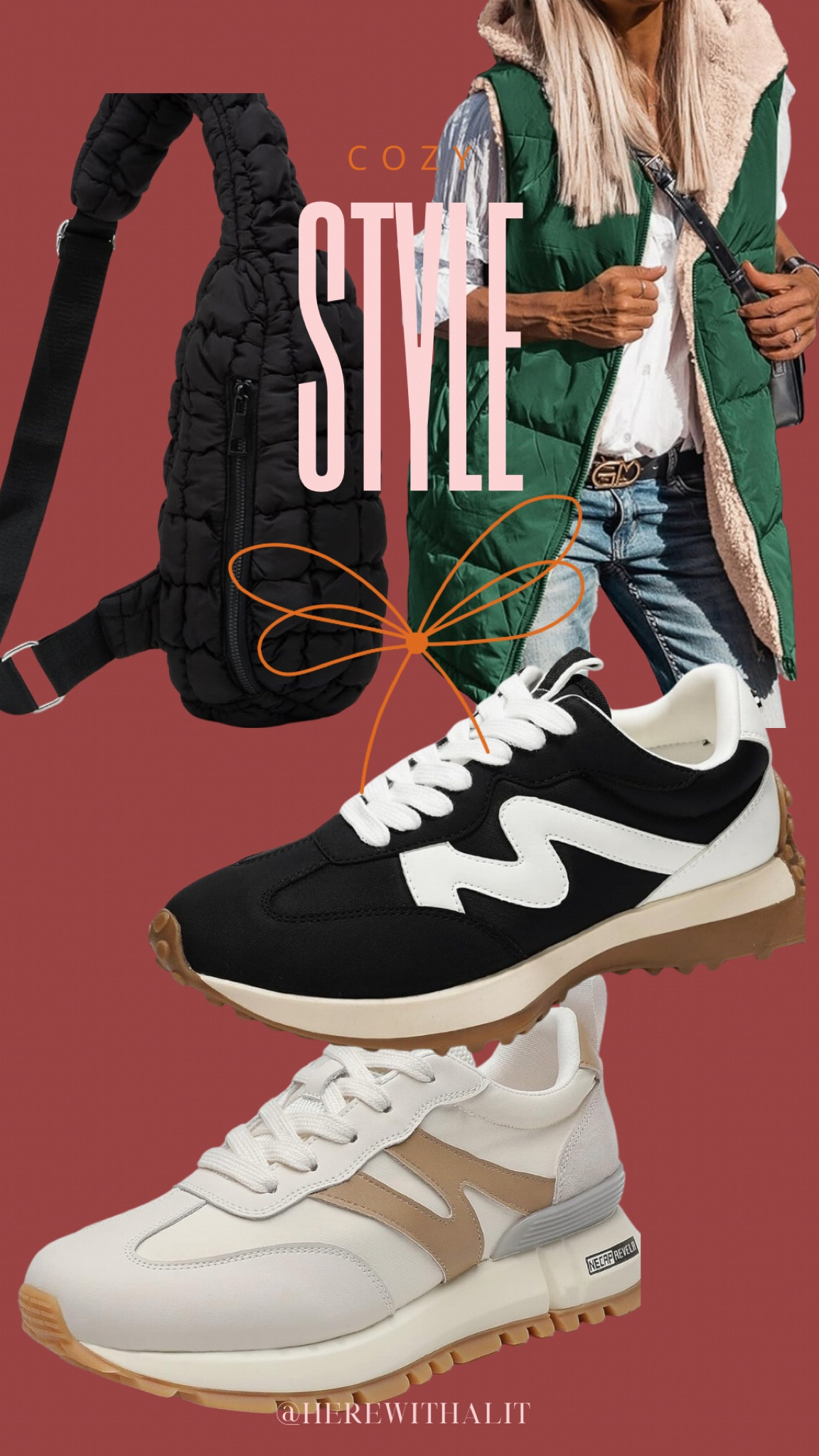 Comfortable sneakers 
Cozy vest
Sling bag 



#LTKStyleTip #LTKOver40 #LTKSaleAlert