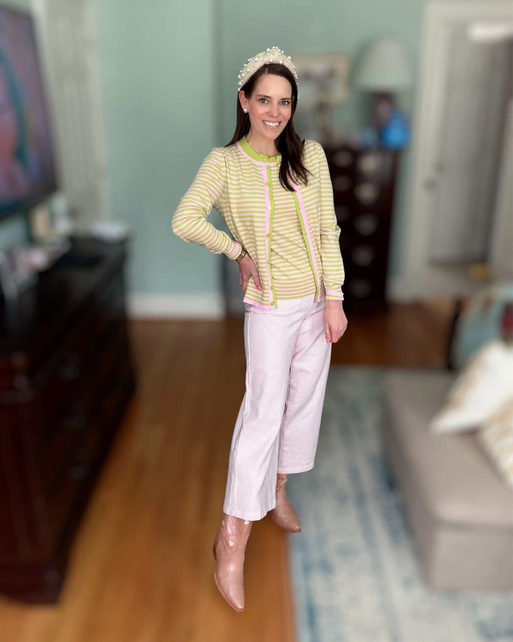 Preppy Spring Outfit 🌸 Pink & Green Cardigan + Striped Pants


A bright preppy spring outfit that’s perfect for Easter, brunch, or everyday spring style 💗🌷 I paired this pink and green striped cardigan set with light pink striped cropped pants for a fresh pastel look that feels polished but effortless. Finished the outfit with pearl accessories and rose gold cowboy boots for a fun statement touch.

This look is perfect for spring events, Easter outfits, brunch outfits, resort wear, and polished everyday style. The lightweight cardigan set makes a great layering piece for transitional weather and looks just as cute worn together or styled separately. ✨

Perfect for spring outfits, Easter outfit ideas, pastel outfits, preppy spring style, brunch outfits, resort wear, pink and green outfits, and feminine spring fashion.

#LTKPetite #LTKOver40 #LTKWorkwear