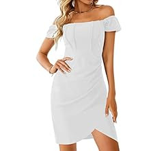 Jaysreate Women's Off Shoulder Dress Square Neck Ruched Summer Casual Tunic Mini Split Asymmetric... | Amazon (CA)