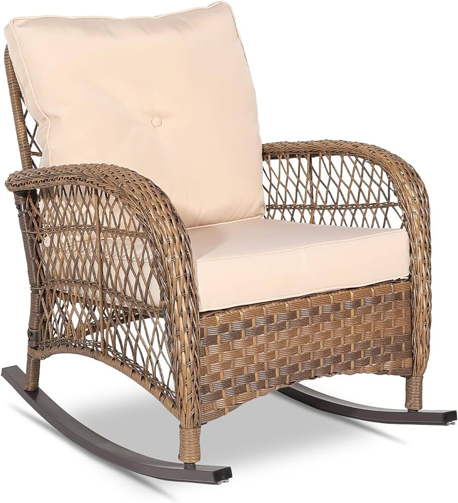 VIVIJASON Outdoor Wicker Rocking Chair, Patio Rattan Rocker Chair with Cushions & Steel Frame, Al... | Amazon (US)