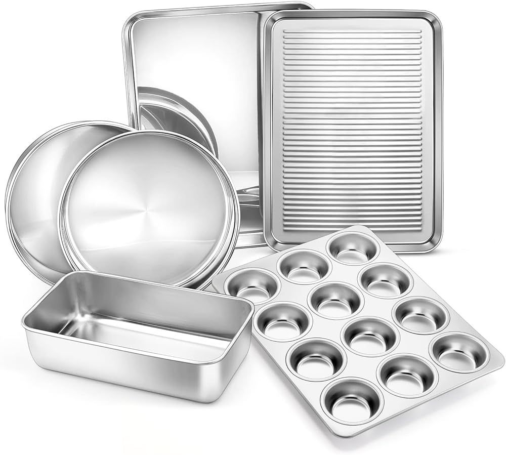 E-far 6-Piece Baking Pans set, Stainless Steel Bakeware Set for Oven, Include 8-Inch Cake Pan/Rec... | Amazon (US)
