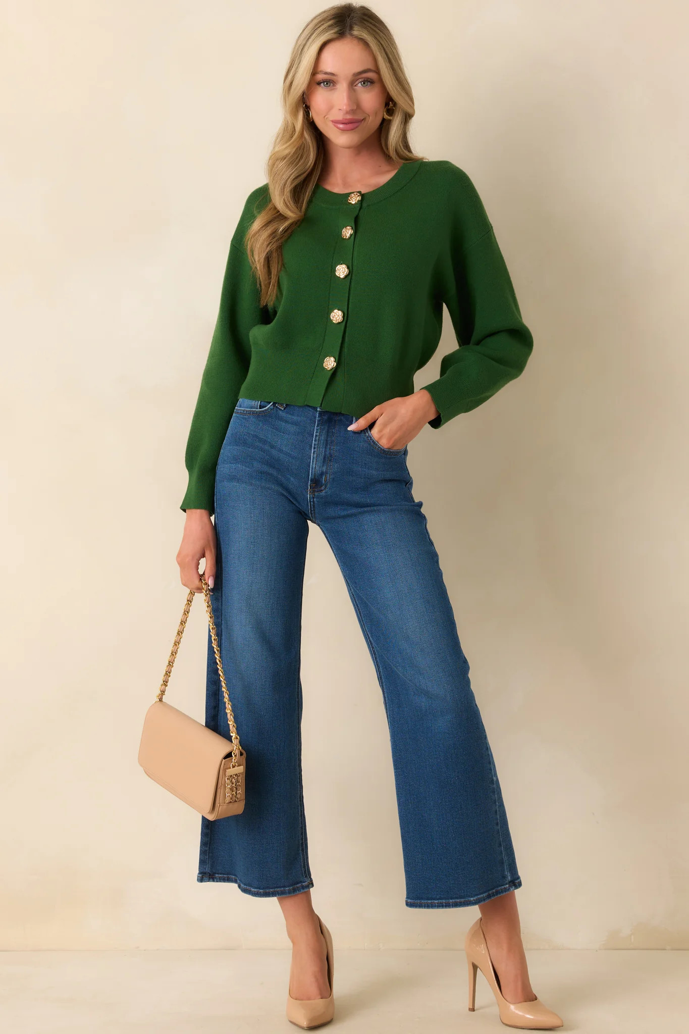 Kind Of Comforting Hunter Green Button Front Long Sleeve Cardigan | Red Dress