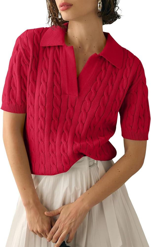 Imily Bela Women's Cable Short Sleeve Sweaters Tops Solid Lapel V Neck Knit Casual Soft Pullover ... | Amazon (US)