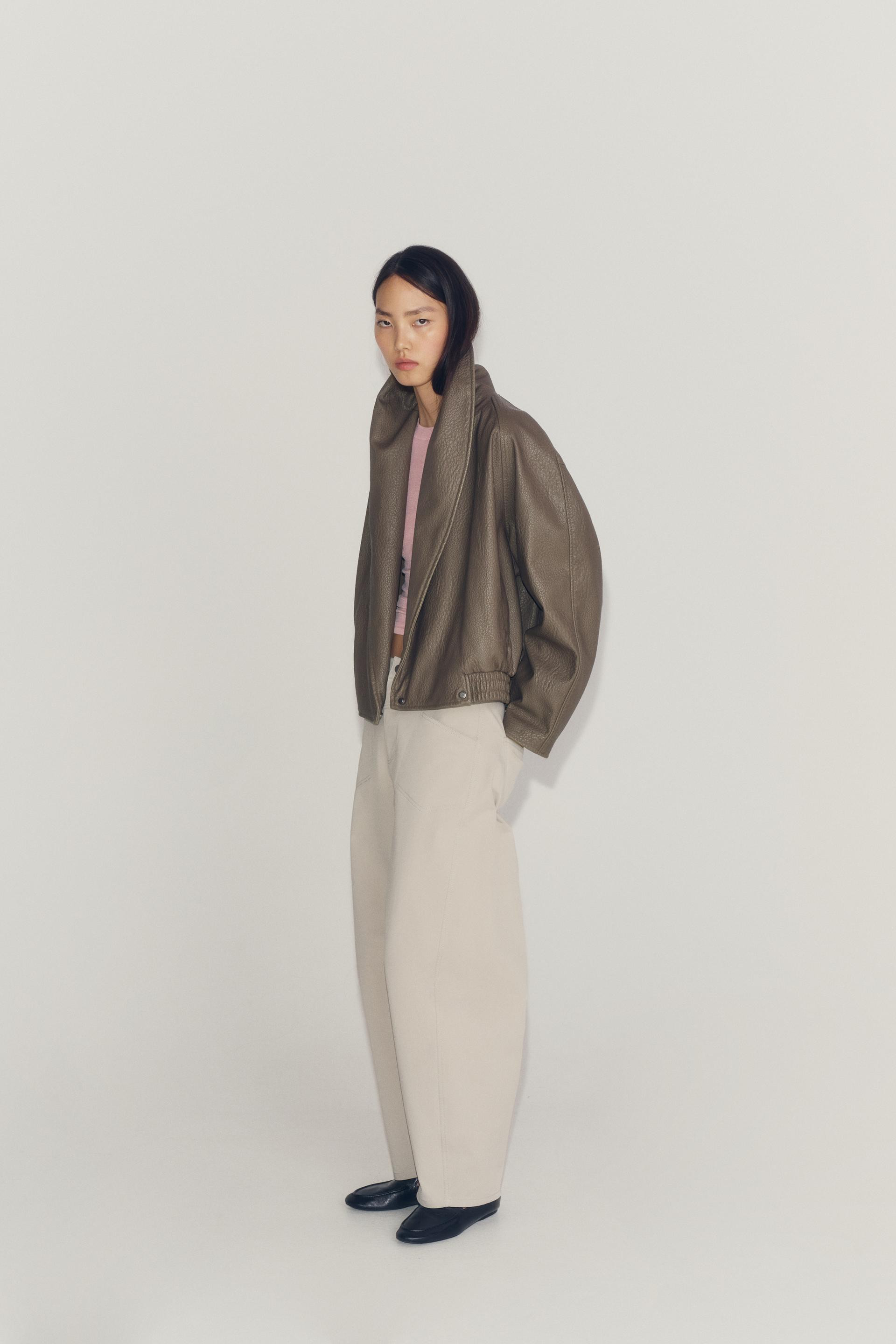 Zara - Zw Collection Leather Effect Double-Breasted Jacket - Grey - L - Woman | Zara UK