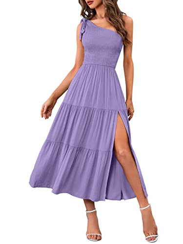 MEROKEETY Women's Summer One Shoulder Sleeveless Knot Smocked Midi Dress Split Tiered Flowy Dresses, Purple, M | Amazon (US)