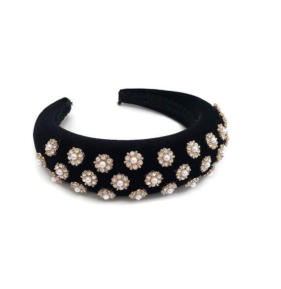 Stunning Deeply Padded Black Flock Velvet Headband Alice Band with Rose Gold, Diamante and Faux Pear | Etsy (UK)