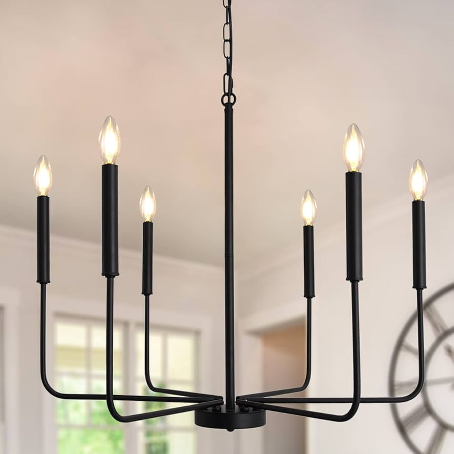 LASENCHOO Matte Black Farmhouse Chandelier Light Fixture, 6-Light 26 Inches Classic Candle Ceilin... | Amazon (US)