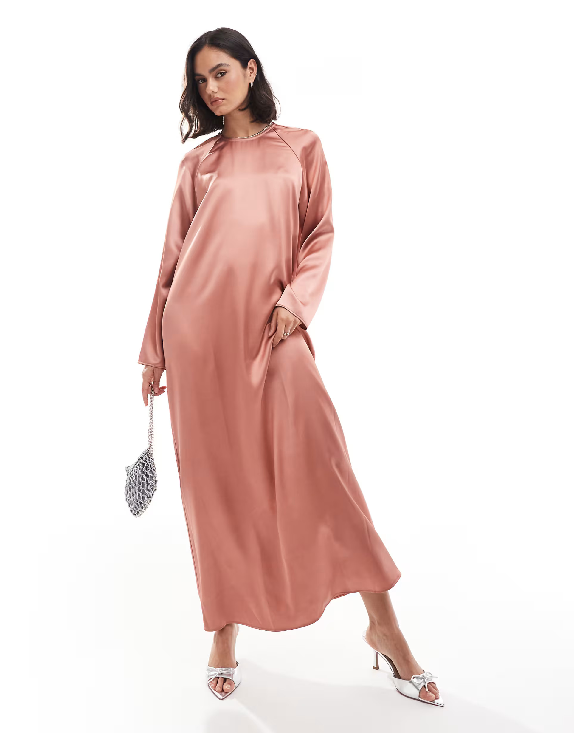 ASOS DESIGN satin crew neck oversized maxi dress in dark blush | ASOS | ASOS (Global)