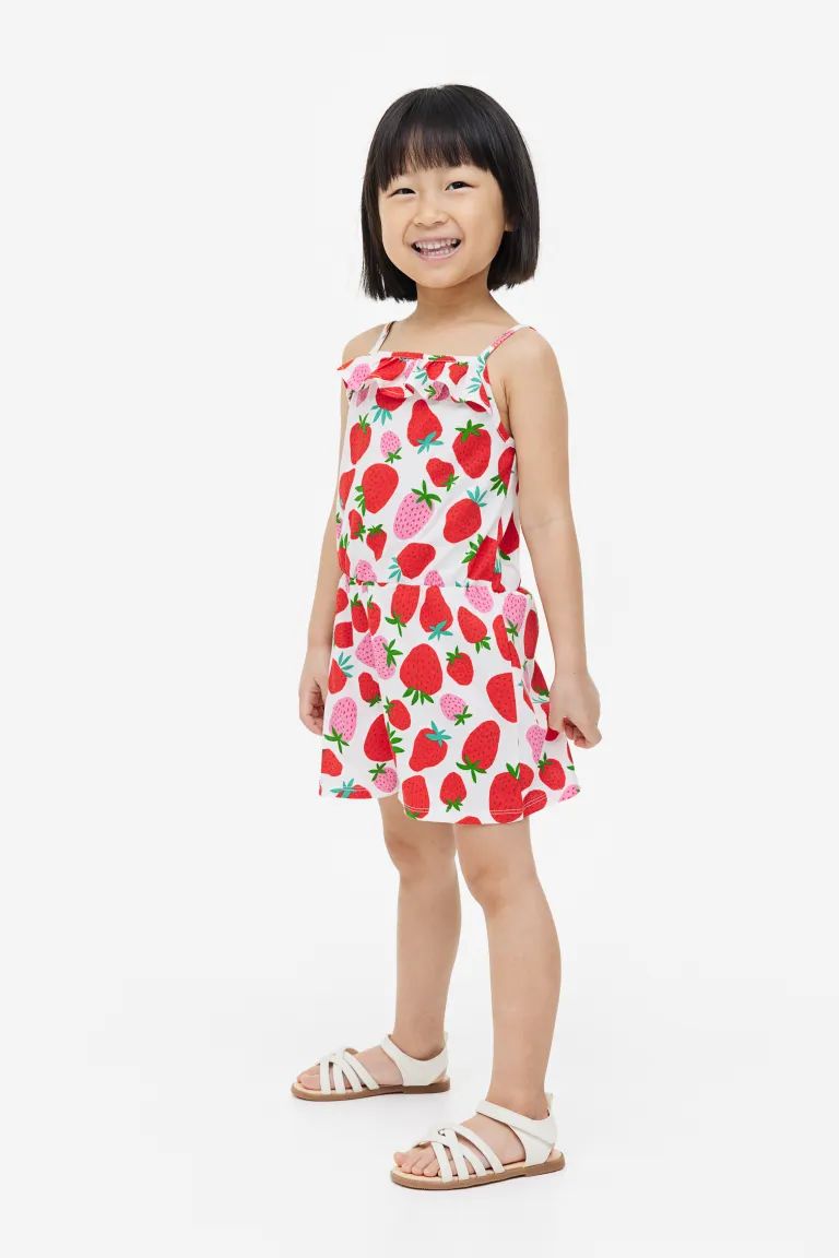 Ruffle-trimmed Patterned Jumpsuit - Bright red/strawberries - Kids | H&M US | H&M (US + CA)