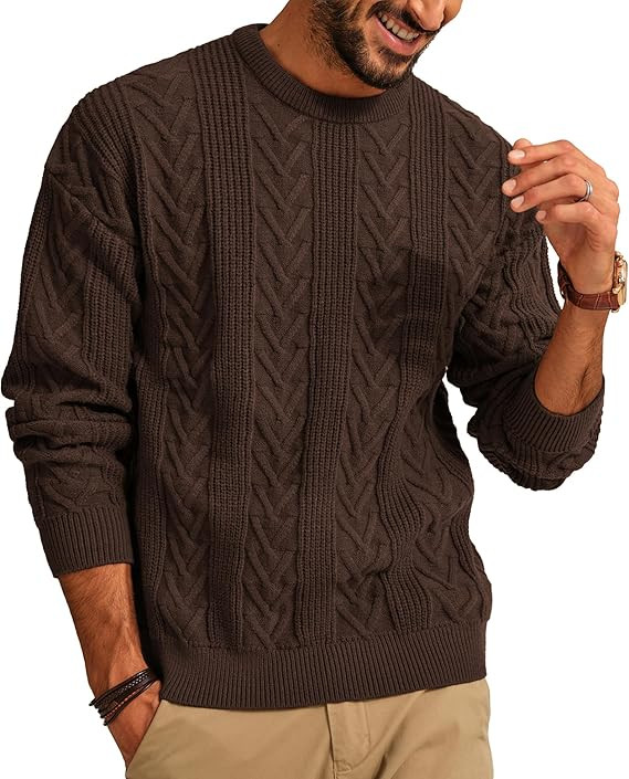 PJ PAUL JONES Mens Crewneck Sweater Casual Cable Knit Pullover Sweater Drop Shoulder Solid Knitte... | Amazon (US)