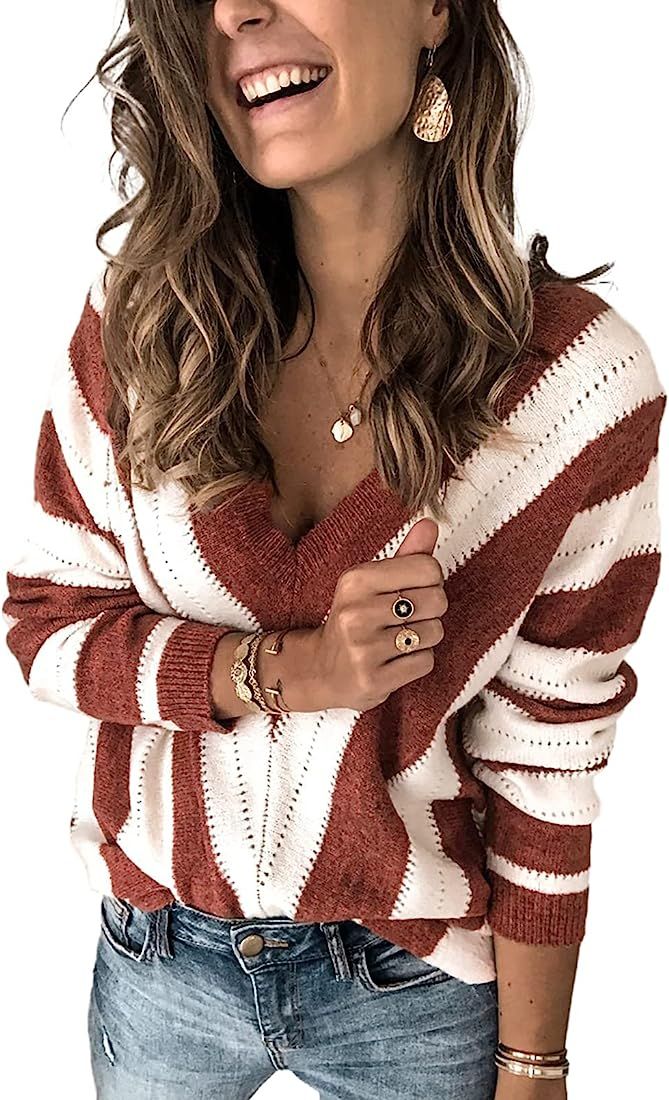 HOTAPEI Womens Long Sleeve Deep V Neck Hand Knit Striped Sweater Tops Loose Pullover Sweaters | Amazon (US)