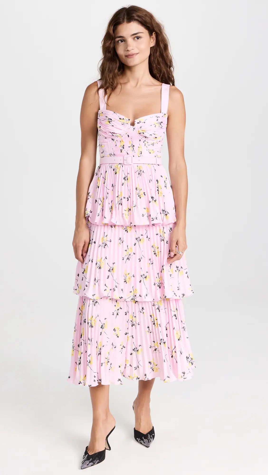 Pink Floral Print Tiered Midi Dress | Shopbop