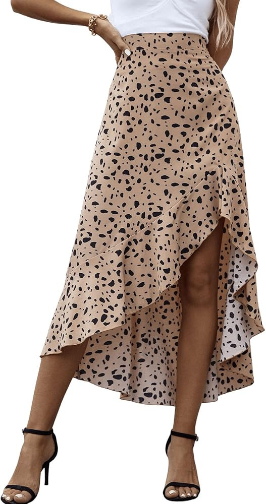 SweatyRocks Women's Casual Elastic Waist Asymmetrical High Low Ruffle Hem Printed Midi Skirt | Amazon (US)