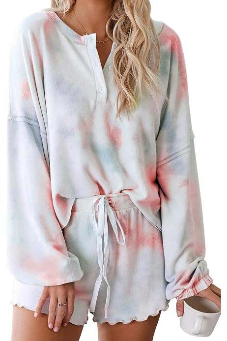 Womens Tie Dye Printed Lounge Sets Long Sleeve Short PJ Set Nightwear Sleepwear Loungewear | Amazon (US)