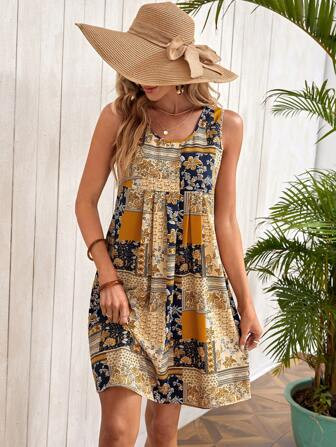 EMERY ROSE Patchwork Print Smock Dress | SHEIN