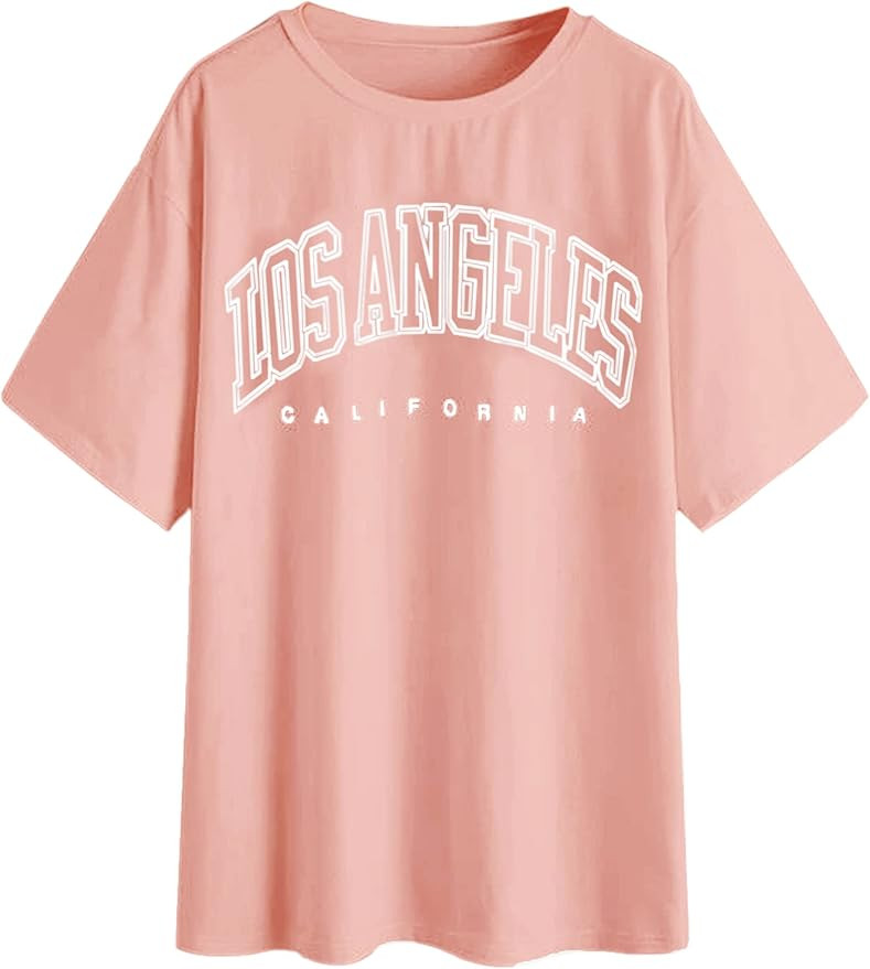 Meladyan Women Casual Los Angeles Letter Print Short Sleeve Tee Shirt Funny Summer Round Neck Shi... | Amazon (US)