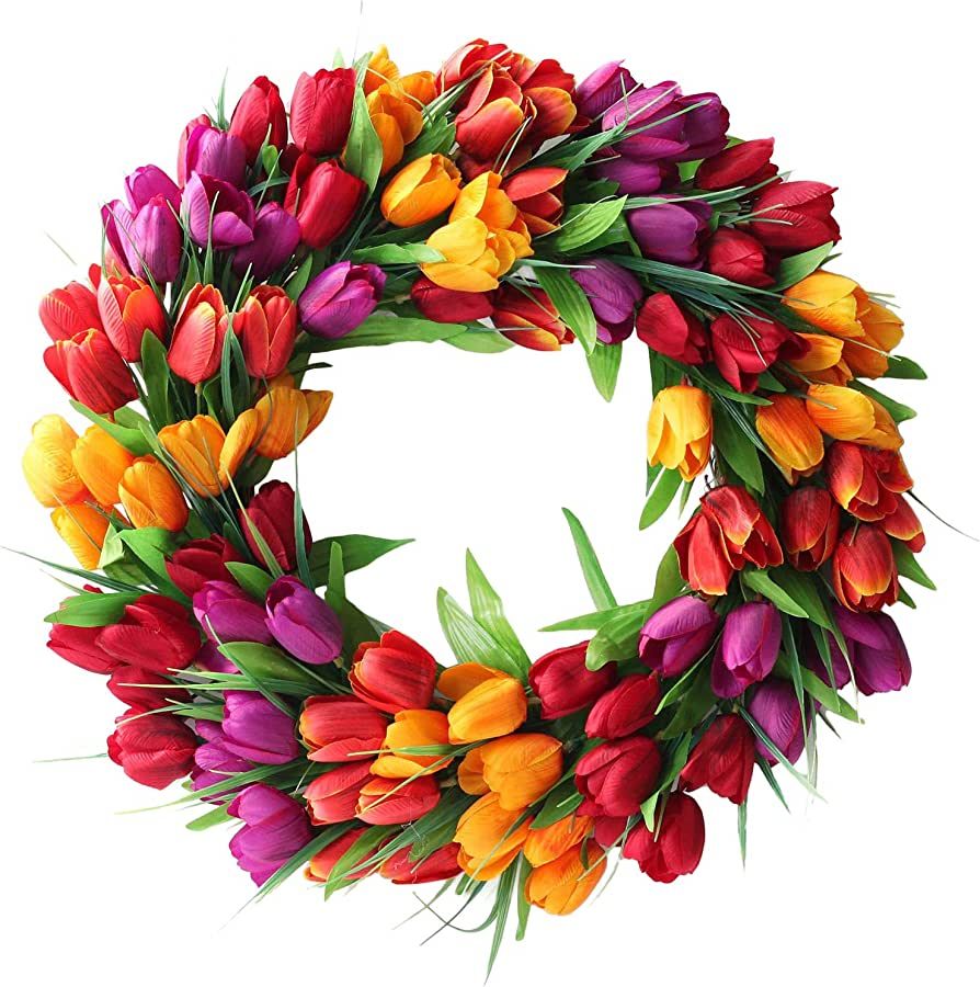 Ewer 20 Inches Tulip Wreath, Artificial Flower Handmade Floral Wreath for 2022 New Spring, Simula... | Amazon (US)