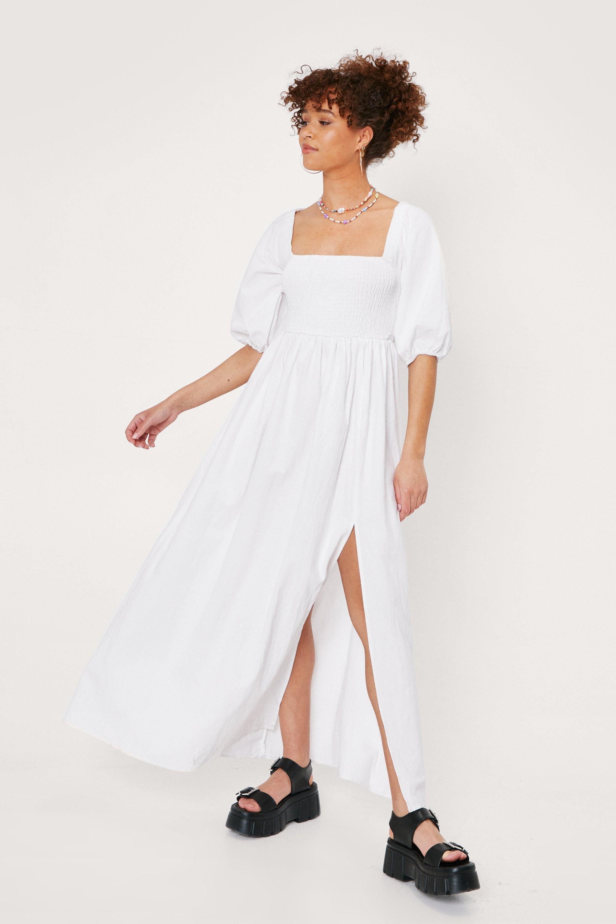 Shirred Puff Sleeve Maxi Slit Dress | NastyGal (UK, IE)