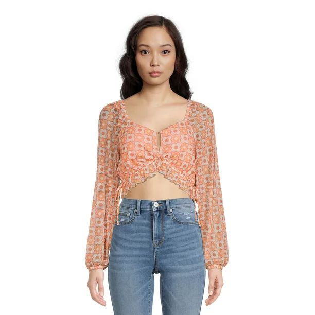 Madden NYC Juniors’ Cropped Keyhole Top with Long Sleeves, Sizes XS-3XL - Walmart.com | Walmart (US)