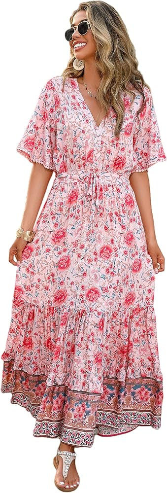 R.Vivimos Womens Summer Cotton Short Sleeve V Neck Floral Print Casual Bohemian Midi Dresses (XL,... | Amazon (US)