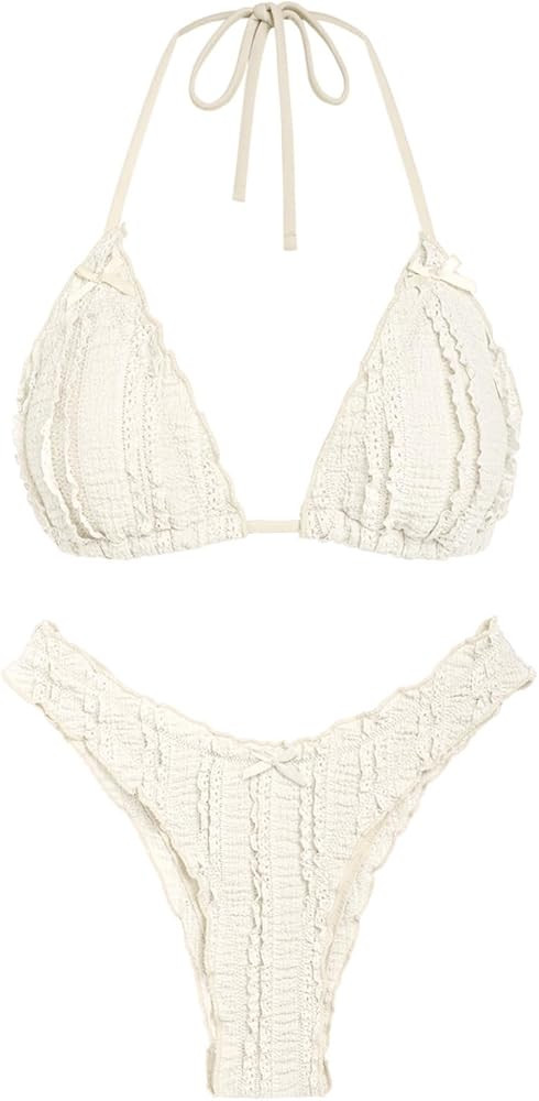 seamoly Womens Triangle String Halter Bikini Set - Cute Ruffle Swimsuit with Bowknot, 2 Piece Bat... | Amazon (US)