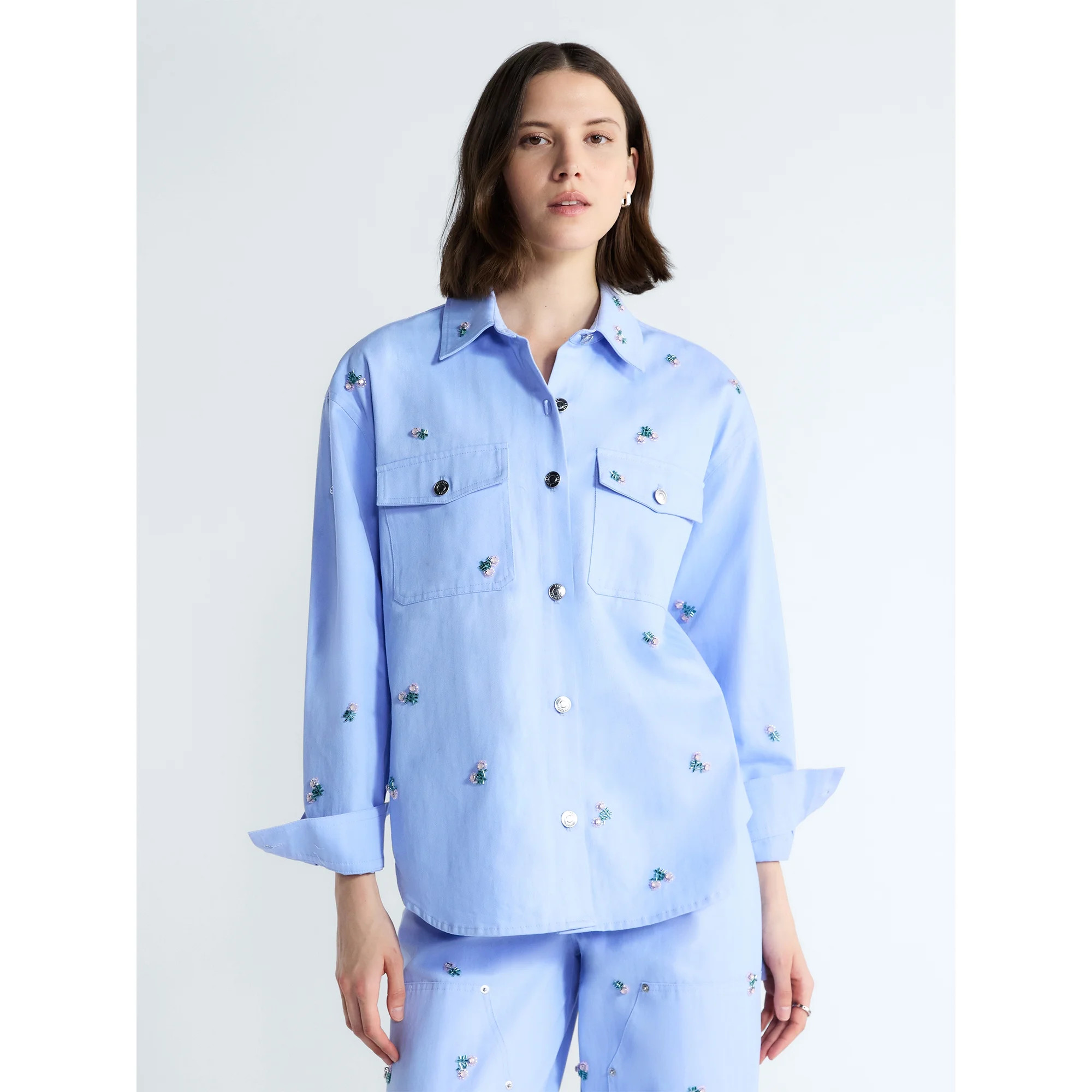 Free Assembly Women's and Women's Plus Embellished Cotton Utility Shirt with Long Sleeves, Sizes ... | Walmart (US)