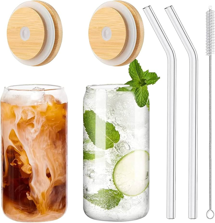 Panngu Bubble Tea Becher mit Deckel und Strohhalm 2er Set, Trinkgläser mit Bambusdeckel und Glas... | Amazon (DE)