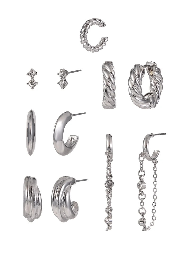 Time and Tru Adult Female Silver-Tone Crystal Stone Cable Chain Dangle and Textured Hoop Multi St... | Walmart (US)