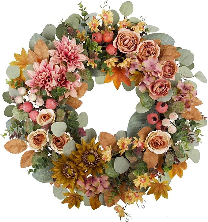 24" Fall Wreath for Front Door, Handmade with Faux Dahlia Camellia Sunflower Eucalyptus Maple Lea... | Amazon (US)