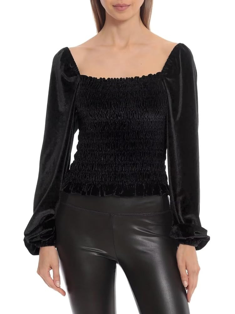 Women's Elegant Square Neck Smocked Velvet Long Sleeve Tops Pleated Blouse Velour Casual Shirts T... | Amazon (US)